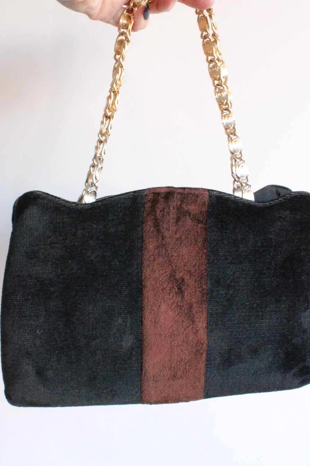 Vintage 1970s Black and Brown Velvet Handbag - image 4