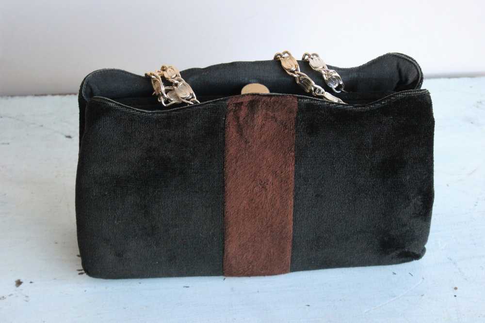 Vintage 1970s Black and Brown Velvet Handbag - image 6