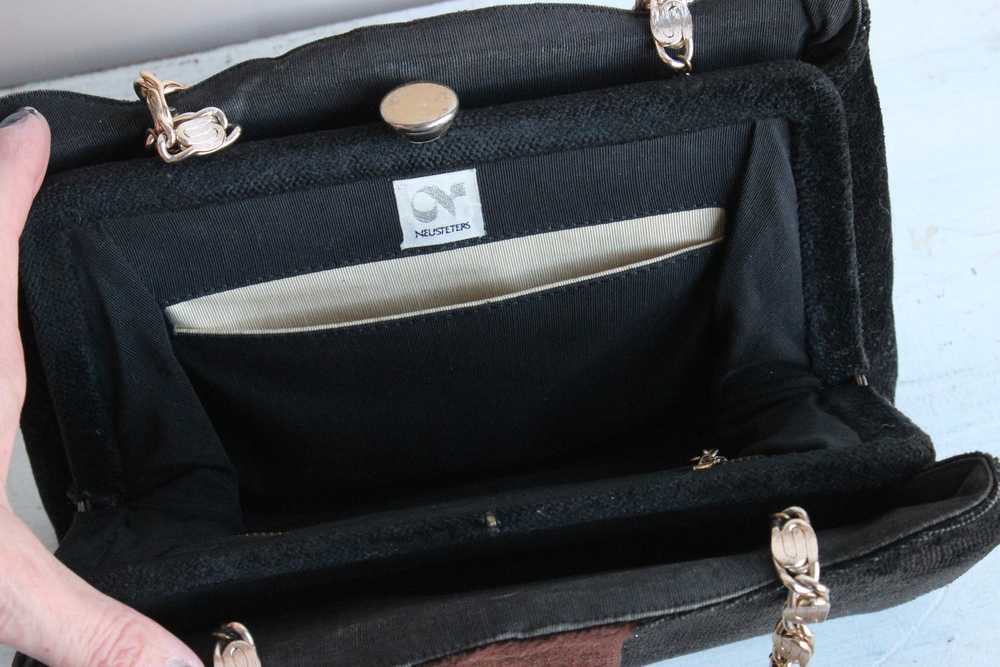 Vintage 1970s Black and Brown Velvet Handbag - image 7