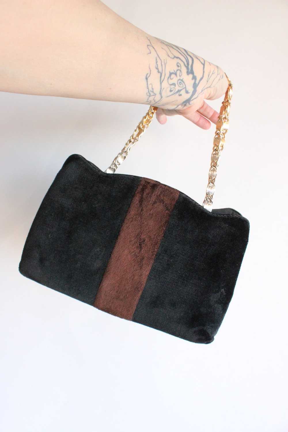 Vintage 1970s Black and Brown Velvet Handbag - image 8