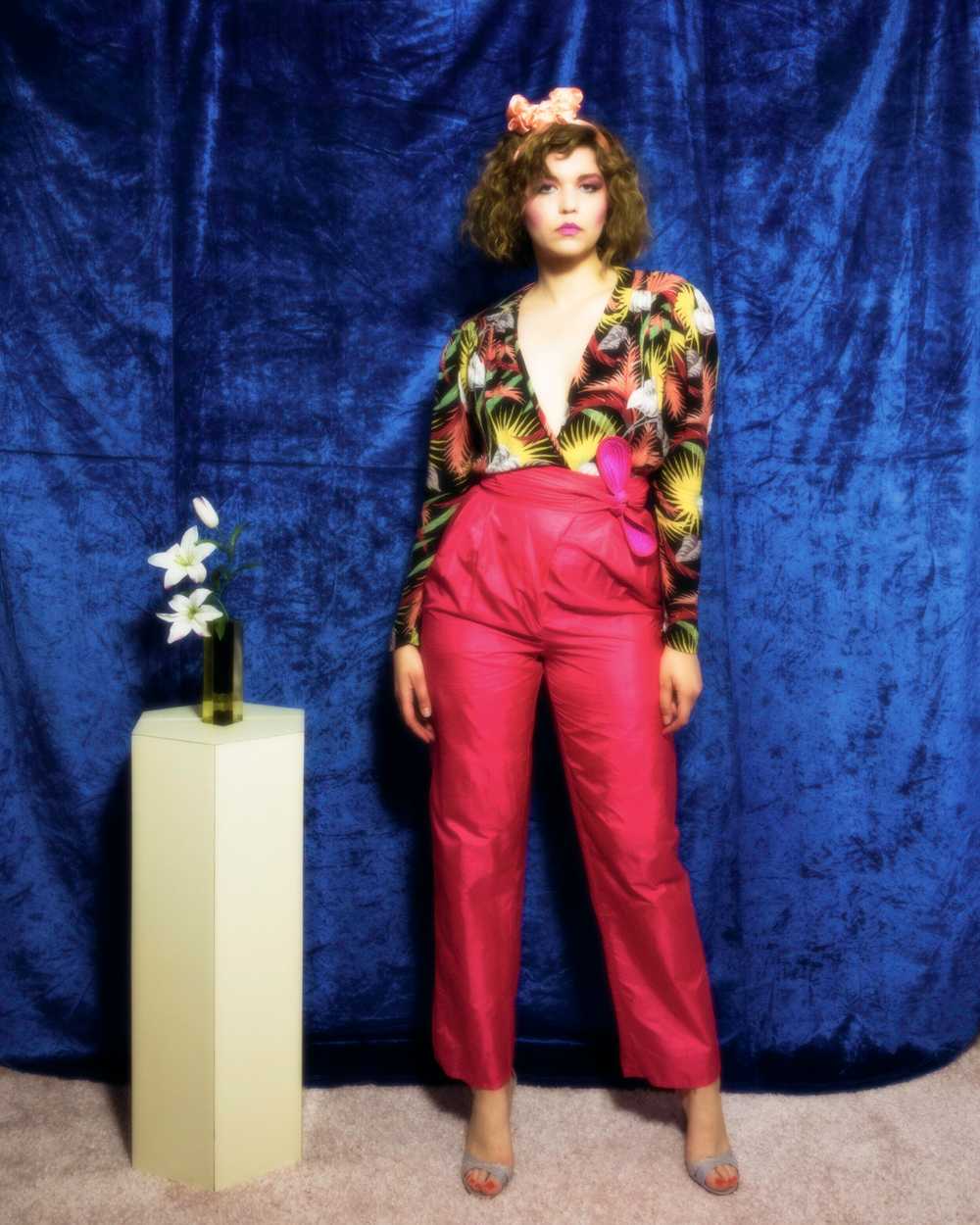1980s Norma Kamali tropical barkcloth print wrap … - image 1