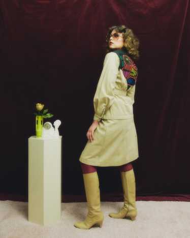 1970s Crossroads khaki embroidered skirt suit