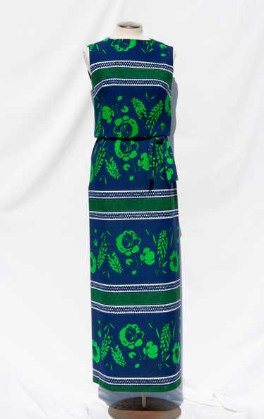 SAKS FIFTH AVENUE 1970S BLUE AND GREEN FLORAL MAXI