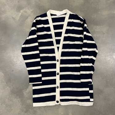 Vintage 80s Cotton Knit Striped Blue/White Cardig… - image 1