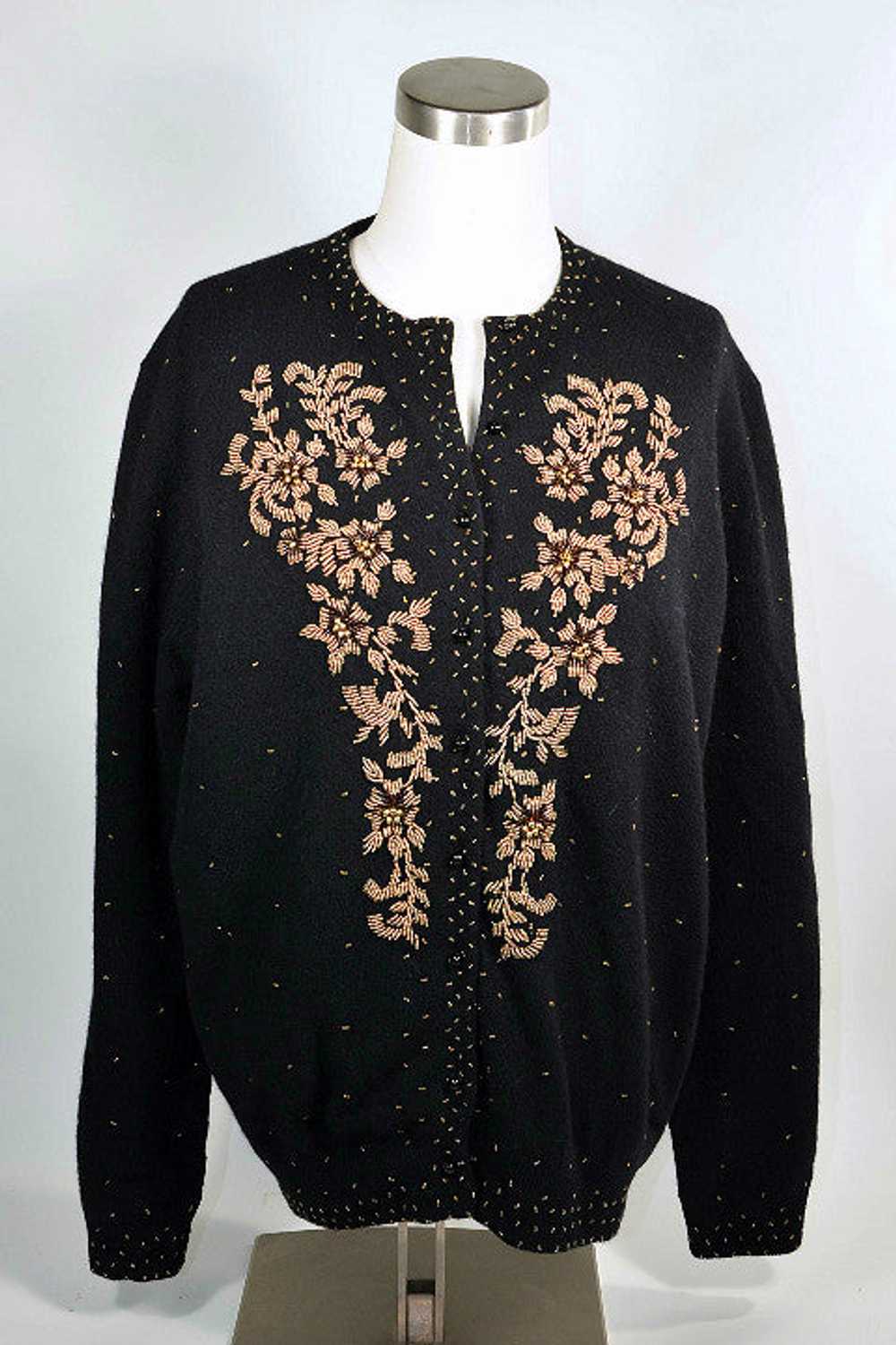Vintage 50s Black Beaded Cardigan Sweater Size 44 - image 1
