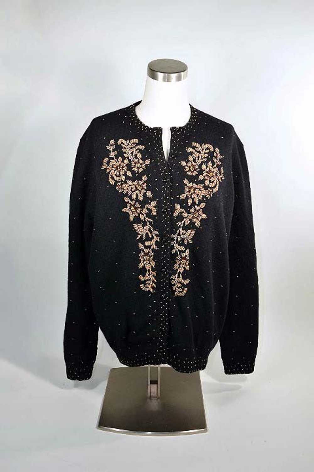 Vintage 50s Black Beaded Cardigan Sweater Size 44 - image 4