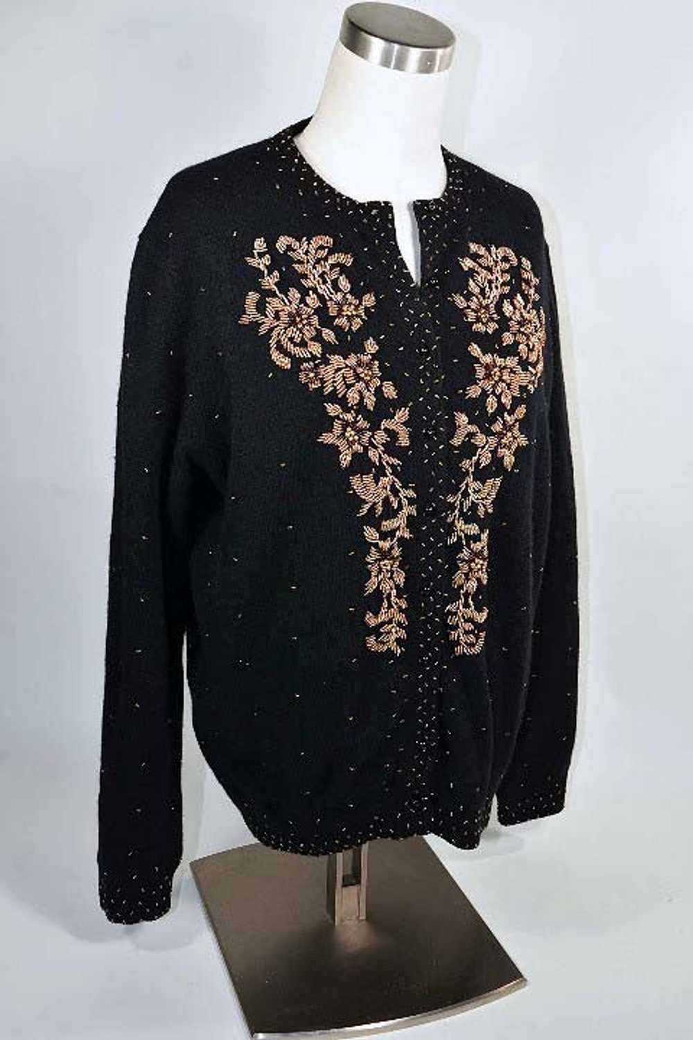 Vintage 50s Black Beaded Cardigan Sweater Size 44 - image 5