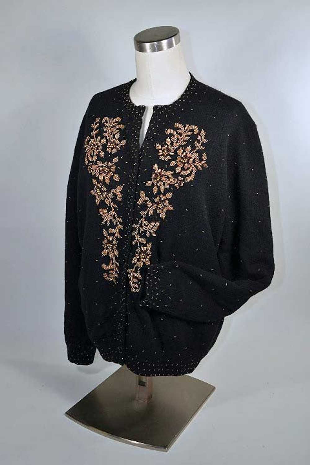 Vintage 50s Black Beaded Cardigan Sweater Size 44 - image 8