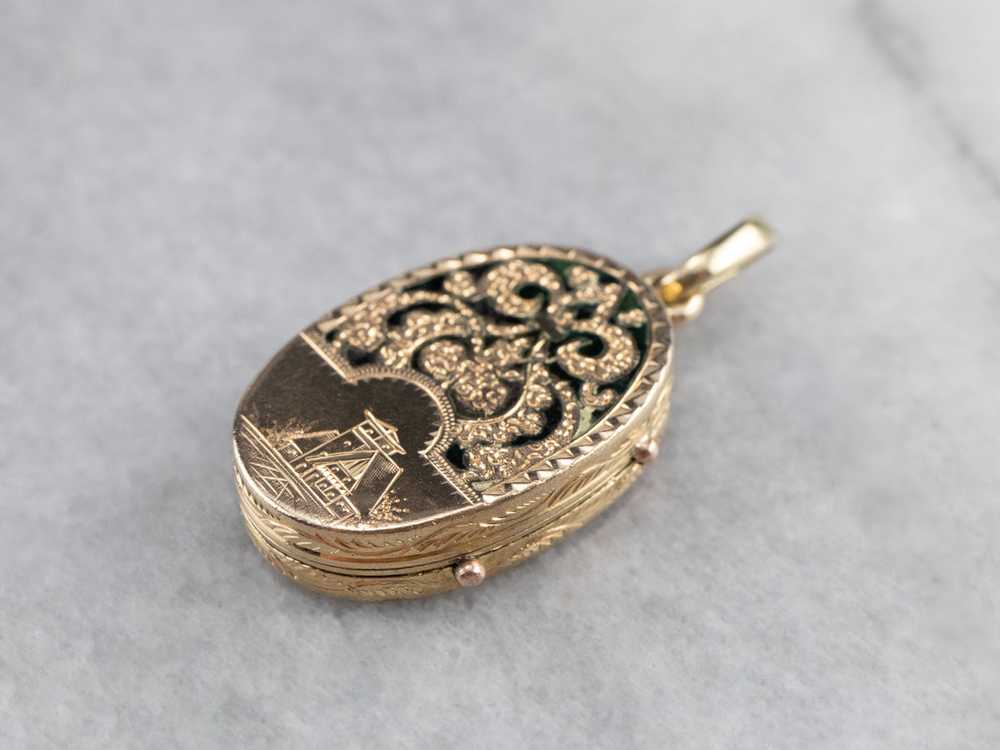 Ornate Black Enamel Gold Locket Pendant - image 1