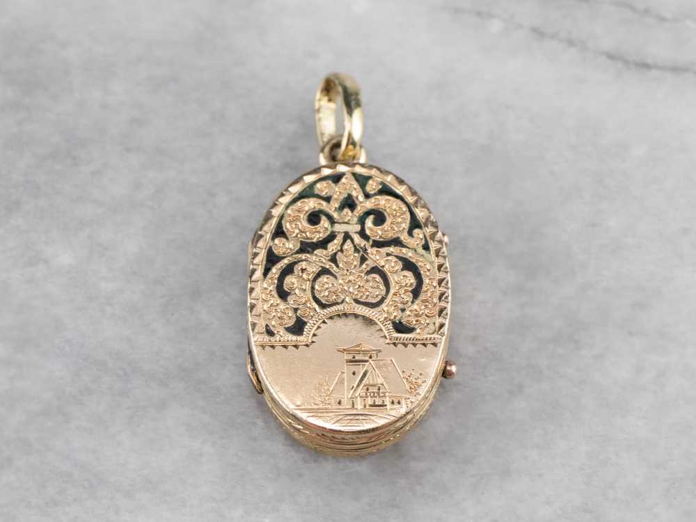 Ornate Black Enamel Gold Locket Pendant - image 2