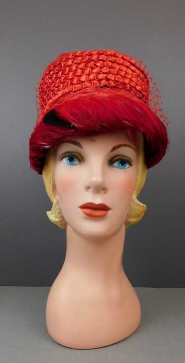 Vintage Red Straw Floral & Feathers Hat 1960s Vale
