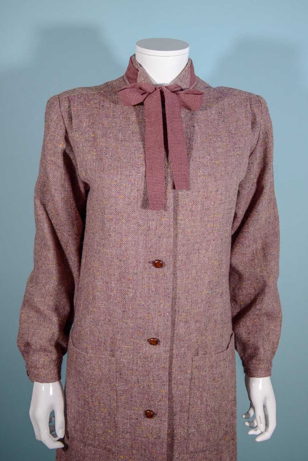 Vintage 70s Tweed Overcoat + Tie Neckline, Dark A… - image 1