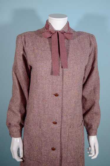 Vintage 70s Tweed Overcoat + Tie Neckline, Dark A… - image 1