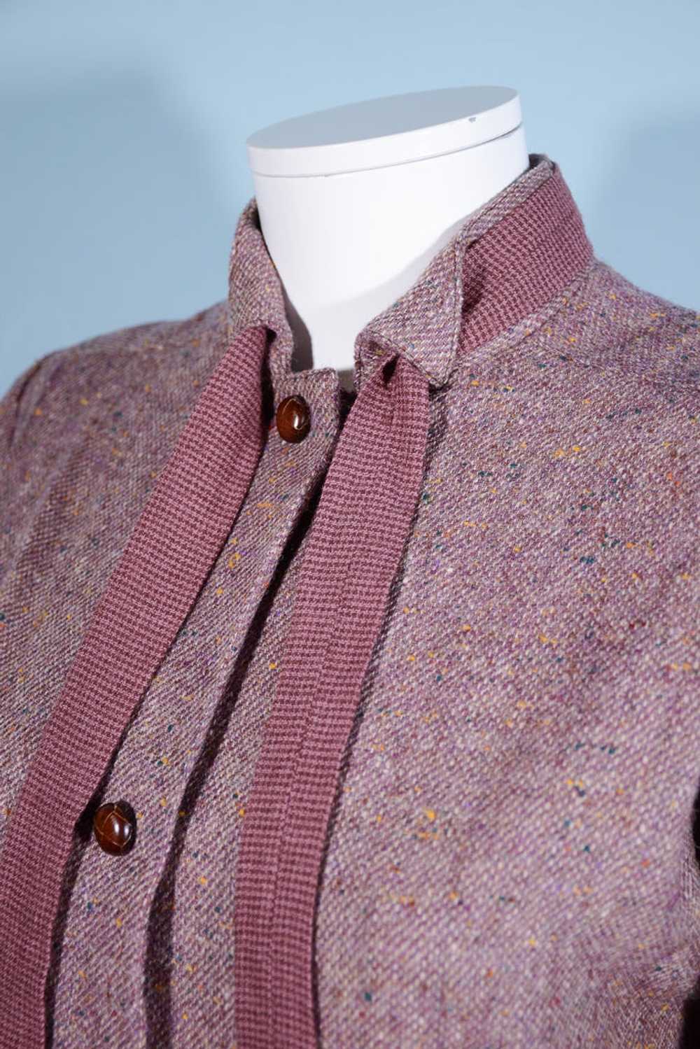 Vintage 70s Tweed Overcoat + Tie Neckline, Dark A… - image 2