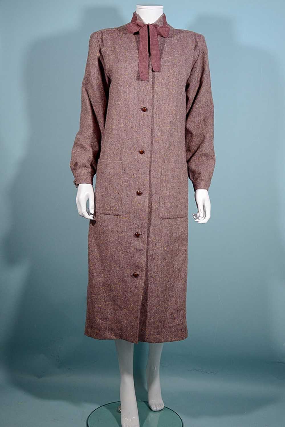 Vintage 70s Tweed Overcoat + Tie Neckline, Dark A… - image 3