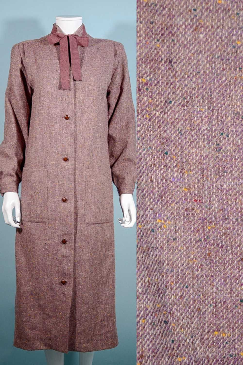 Vintage 70s Tweed Overcoat + Tie Neckline, Dark A… - image 5