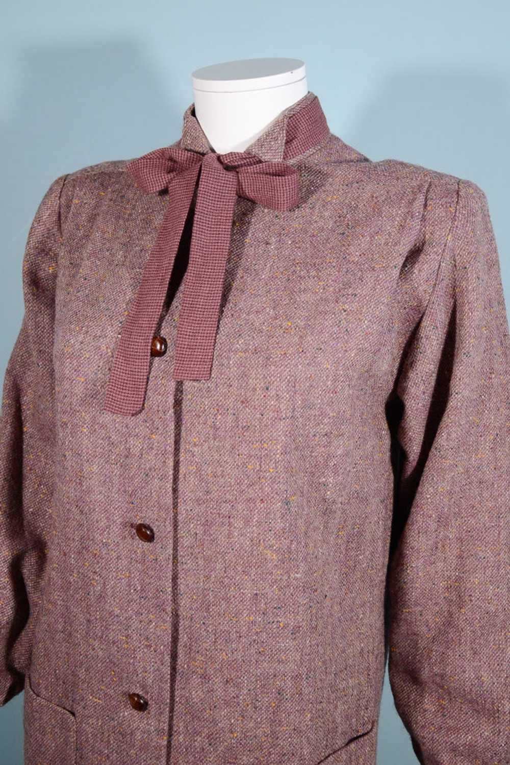 Vintage 70s Tweed Overcoat + Tie Neckline, Dark A… - image 7