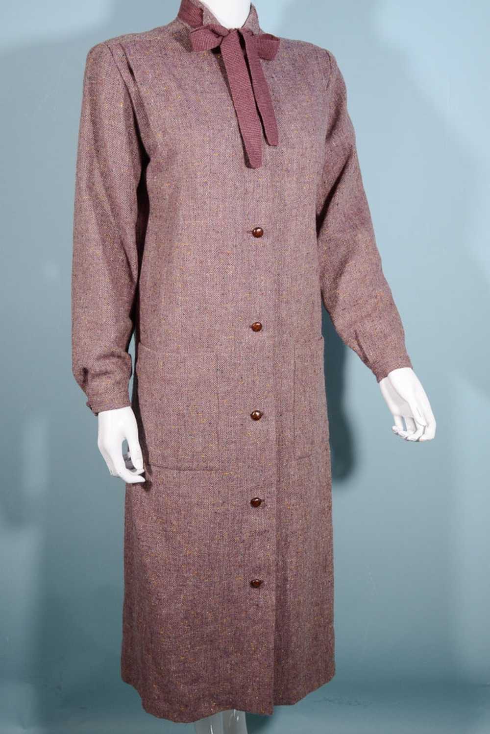 Vintage 70s Tweed Overcoat + Tie Neckline, Dark A… - image 8