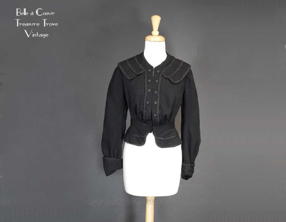 Antique Bodice Jacket Black Wool with Braided Tri… - image 1