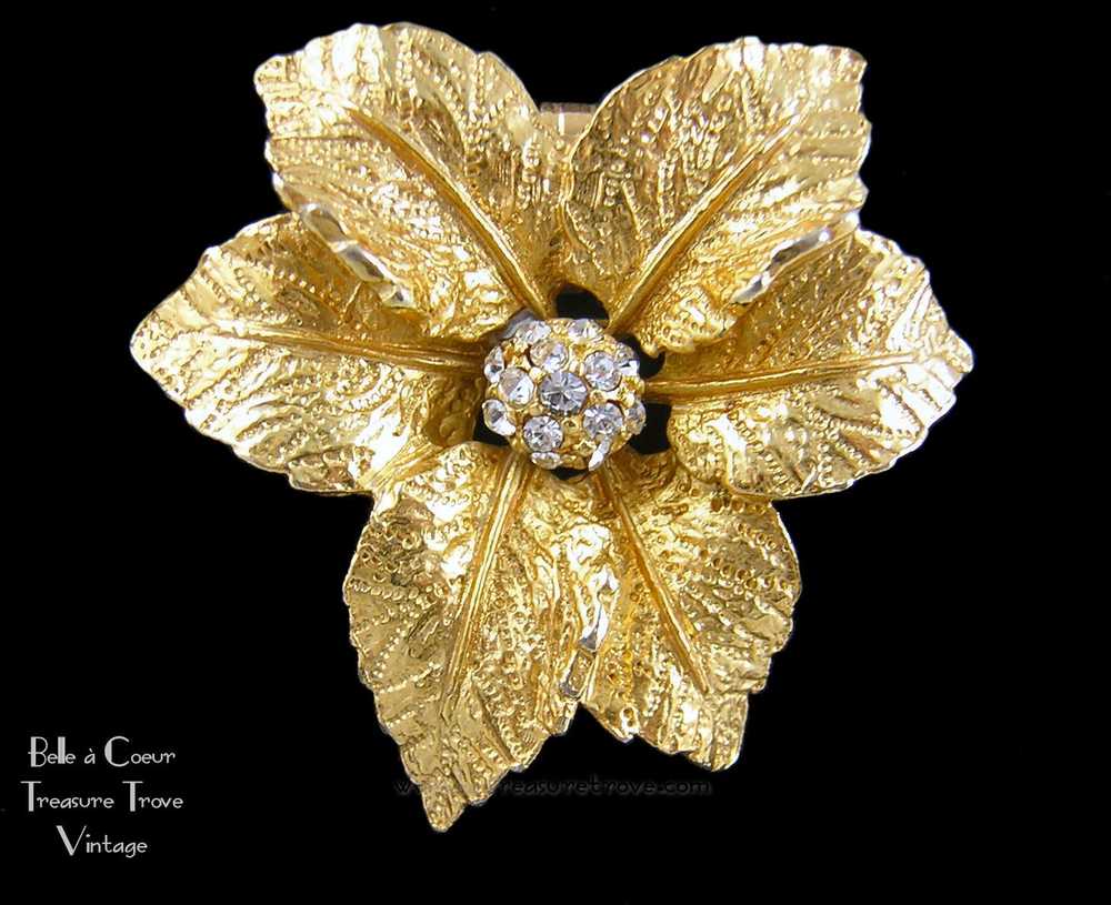 Christmas Poinsettia Brooch with Rhinestones Sign… - image 3