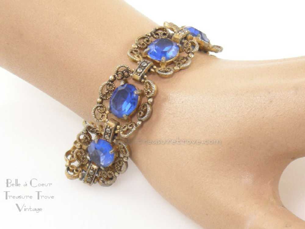 Czech Filigree Vintage Bracelet with Sapphire Blu… - image 1