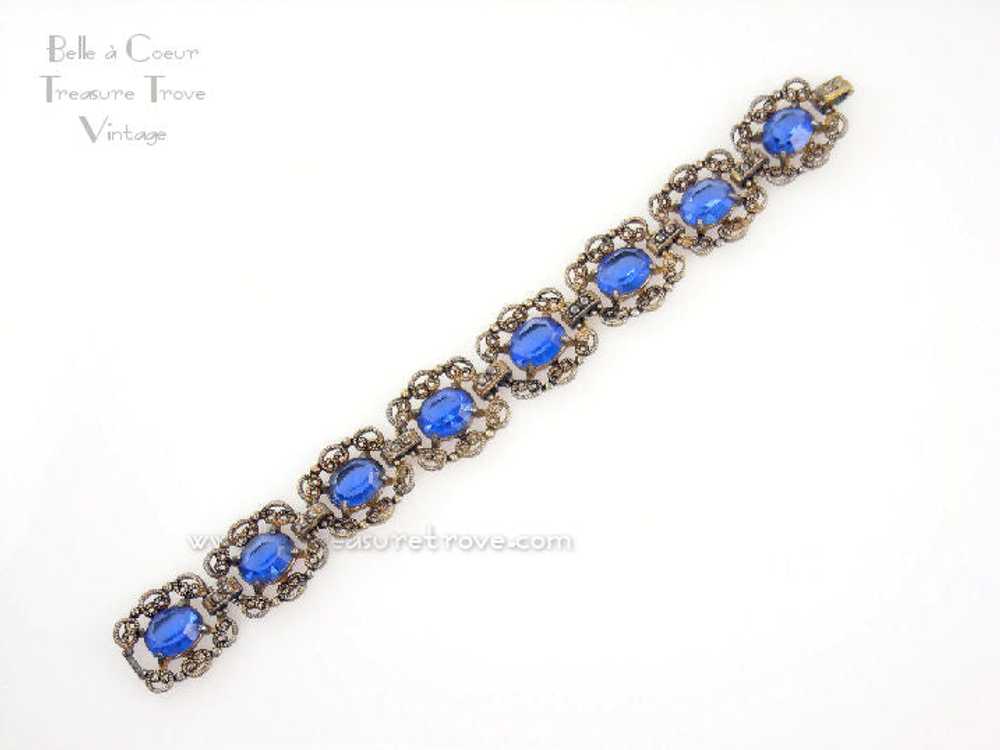 Czech Filigree Vintage Bracelet with Sapphire Blu… - image 2