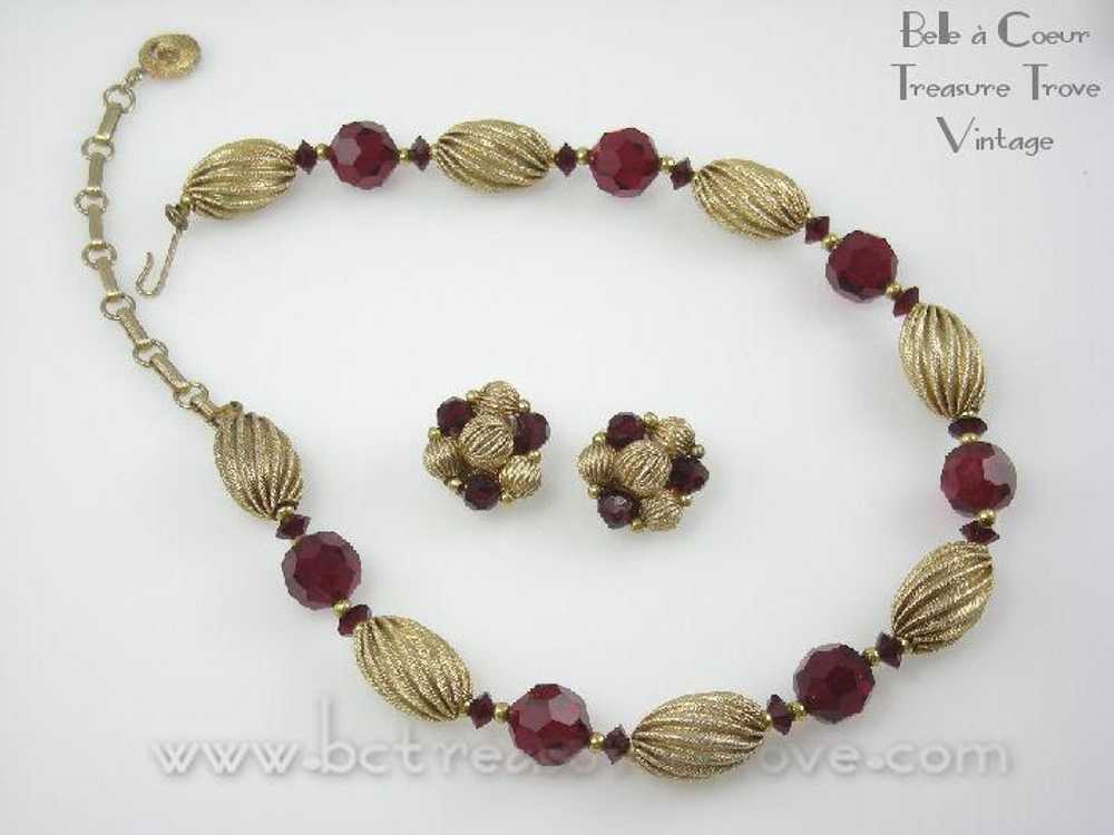 Lisner Red Bead Necklace Earring Set Vintage 1950s - image 1