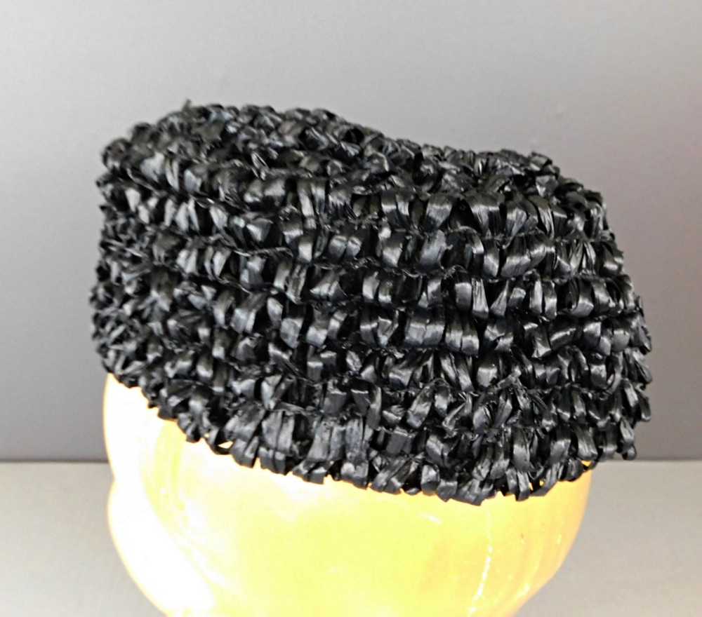 Vintage Black Straw Raffia Loop Hat with Bow and … - image 7