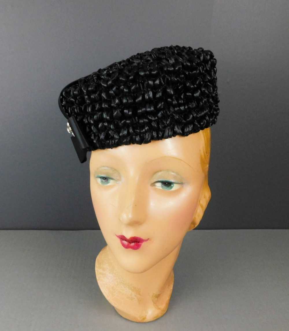 Vintage Black Straw Raffia Loop Hat with Bow and … - image 8