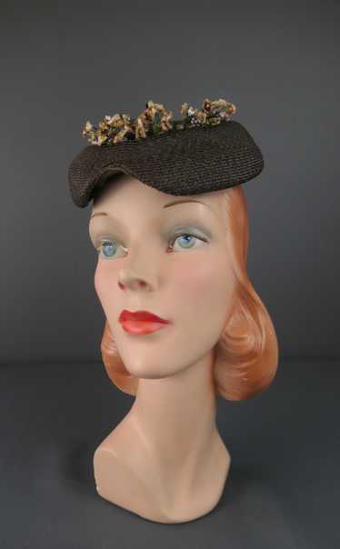 Vintage Brown Straw Floral Topper Hat with Tiny Fl