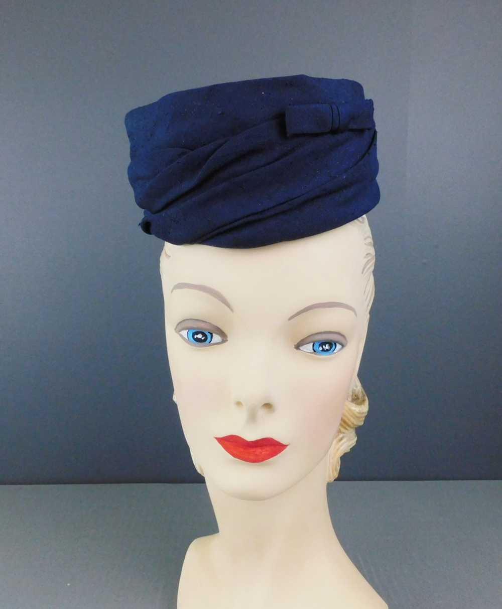 Vintage Dark Blue Fabric Topper Hat 1950s - image 2