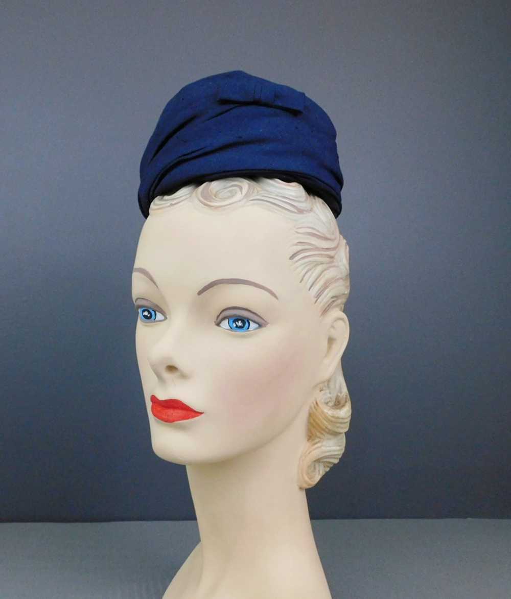 Vintage Dark Blue Fabric Topper Hat 1950s - image 3