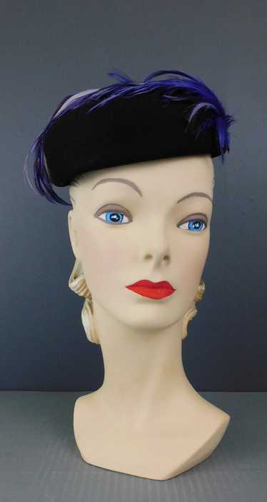 Vintage Black Felt Hat with Purple Feathers 1950s 