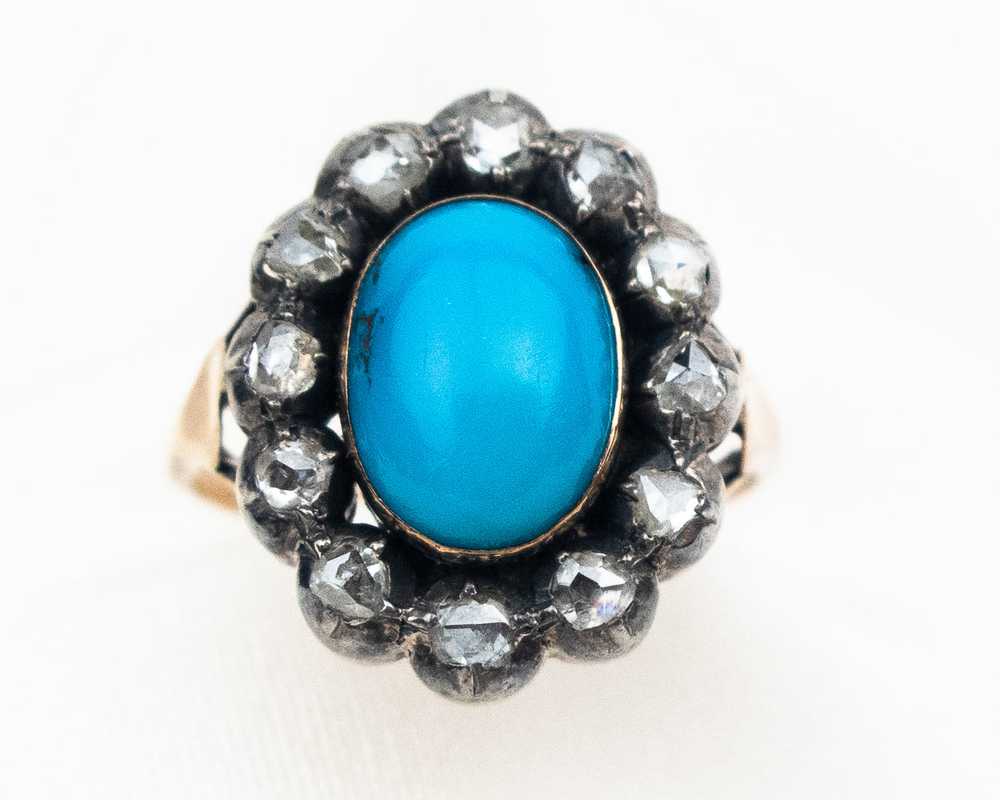 Victorian Turquoise and Rose-Cut Diamond Halo Ring - image 1