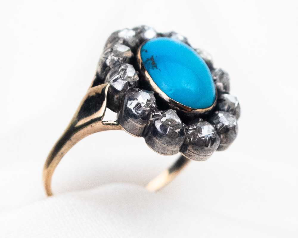 Victorian Turquoise and Rose-Cut Diamond Halo Ring - image 2