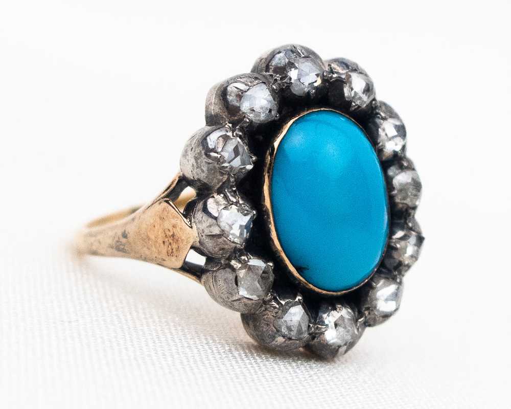 Victorian Turquoise and Rose-Cut Diamond Halo Ring - image 3