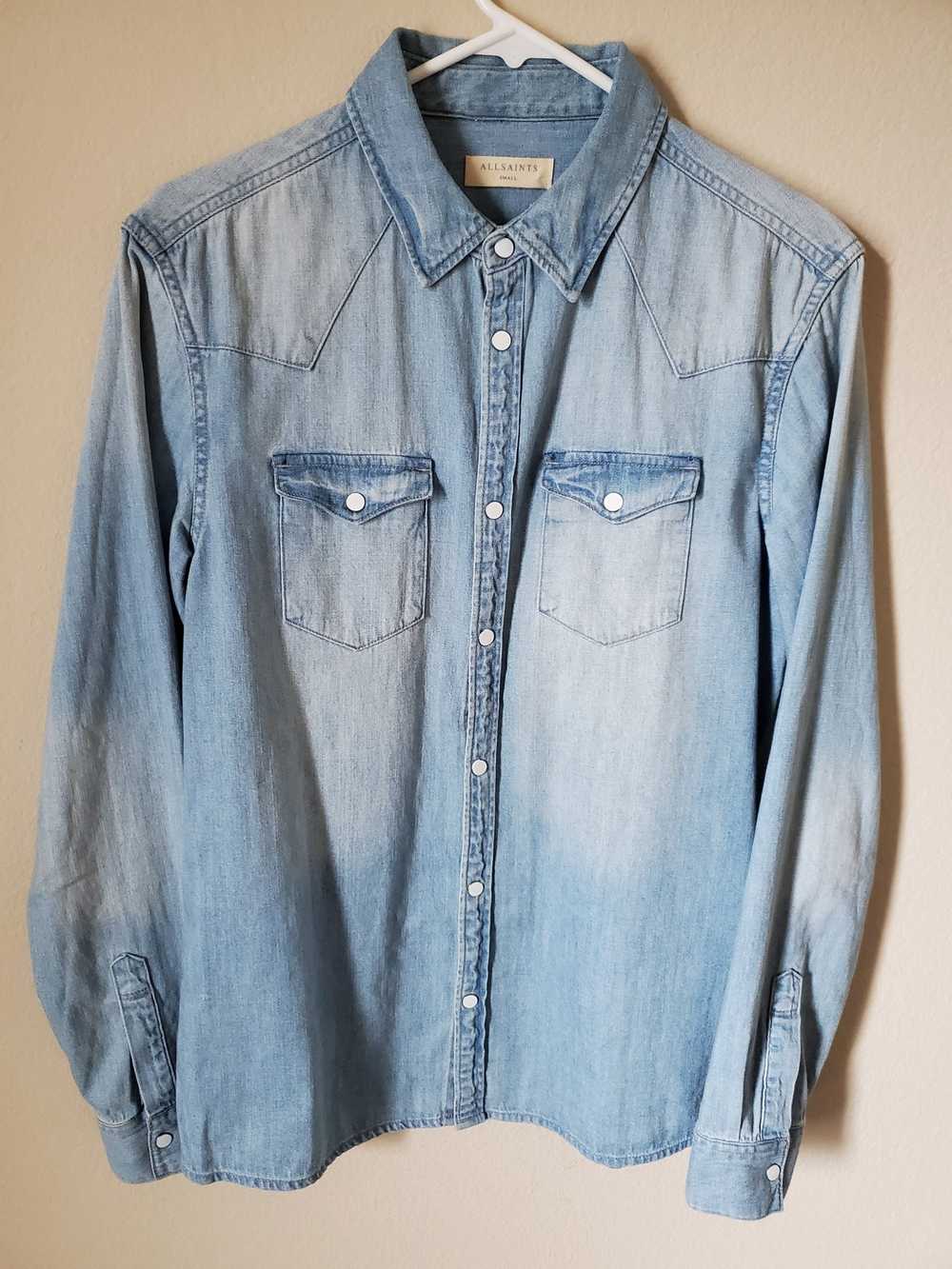 AllSaints Cortes Boxy Short Sleeved Denim Shirt, $160, AllSaints