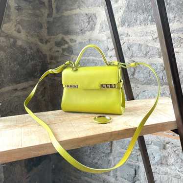 DELVAUX Tempete Satchel Shoulder Handbag Navy Blue Yellow Leather