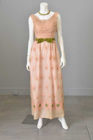 1960s Dusty Peach Pink Embroidered Ruched Gown | V