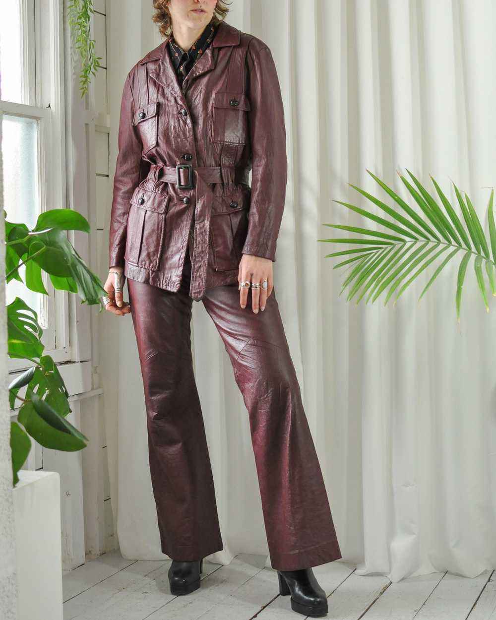 70s Burgundy Leather Pant Suit - image 1