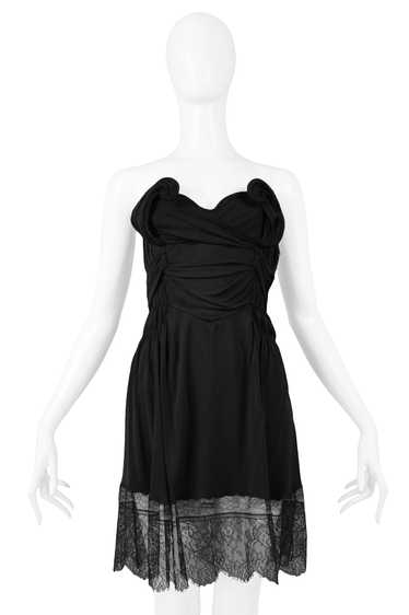 JOHN GALLIANO BLACK STRAPLESS TWIST DRESS WITH LAC