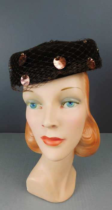Vintage Brown Spangle Velour Hat with Veil, 1960s,