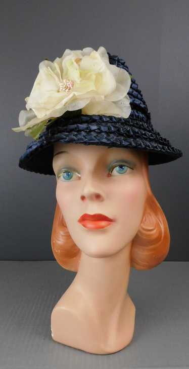 Vintage Tall Dark Blue Straw Hat with Ivory Flower