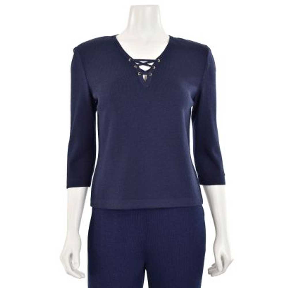 St. John Collection Navy Lace Up V-Neck Top - image 1