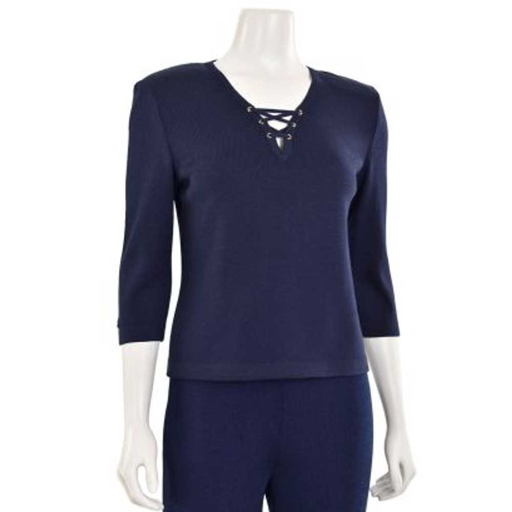 St. John Collection Navy Lace Up V-Neck Top - image 3