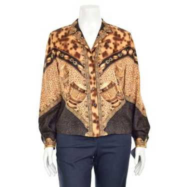 Escada Camel & Brown Print 100% Silk Blouse - image 1