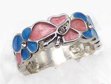 Enameled Butterfly and Flowers Ring - image 1