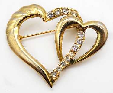 Gold Tone Double Heart Brooch - image 1