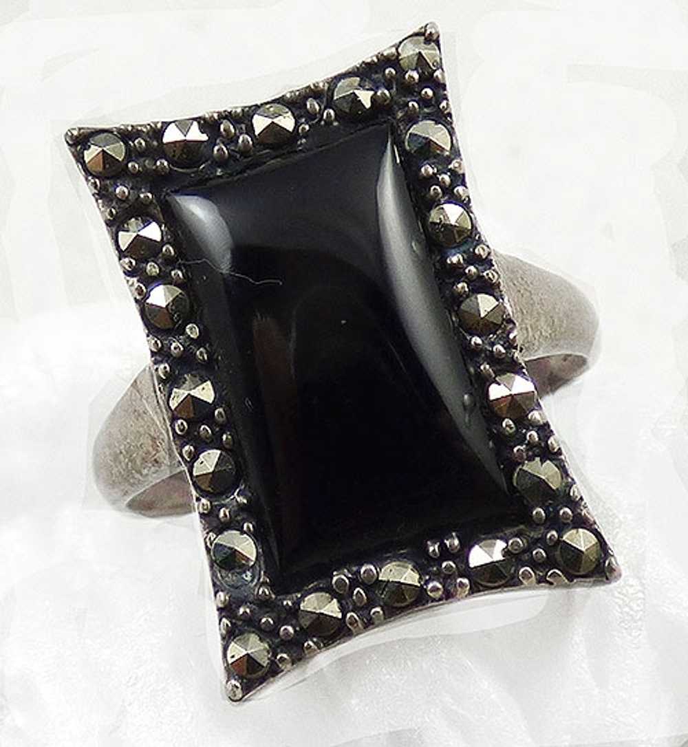 Art Deco Sterling Onyx and Marcasite Ring - image 1