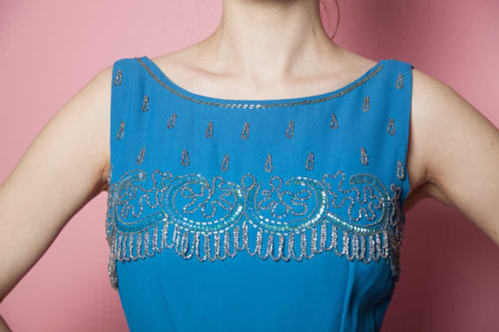1960's Ocean Blue Gown with Beaded Fringe Collar - image 2